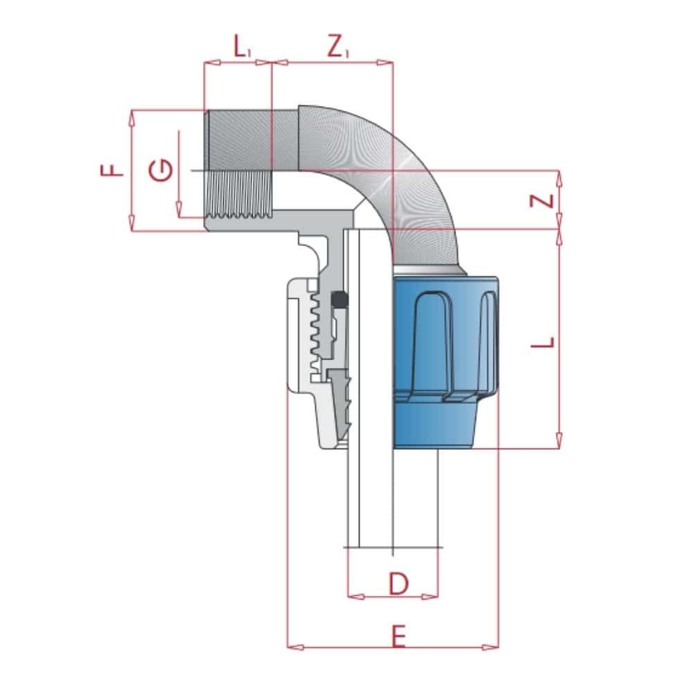 Raccordo a gomito PP PE 90° 20 x 1/2" IG-0