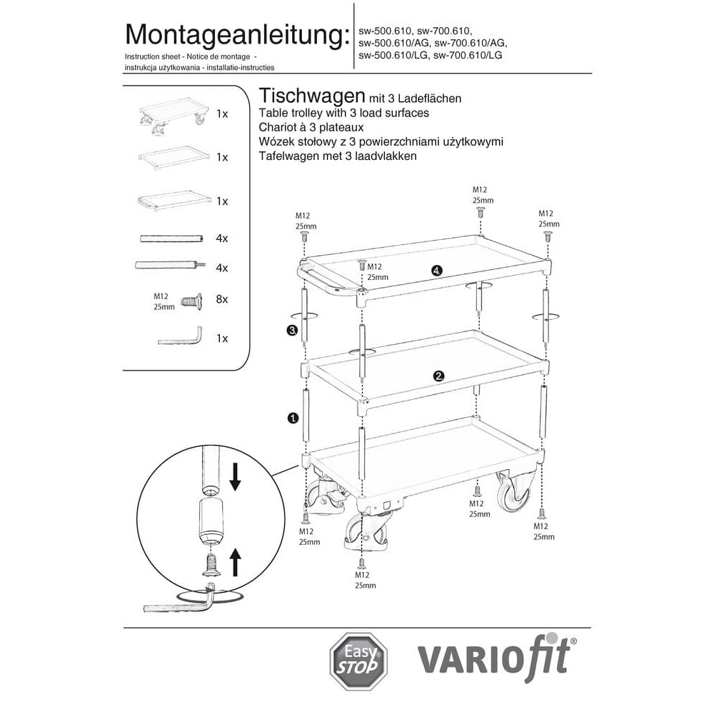 Carrello con 3 ripiani, bordo vasca 40 mm alto + EasySTOP-1