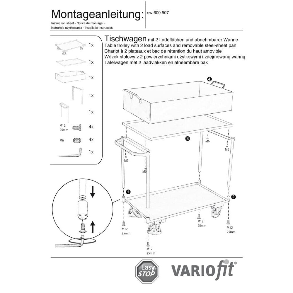 Carrello con 2 ripiani e vasca in lamiera d'acciaio rimovibile + EasySTOP-0