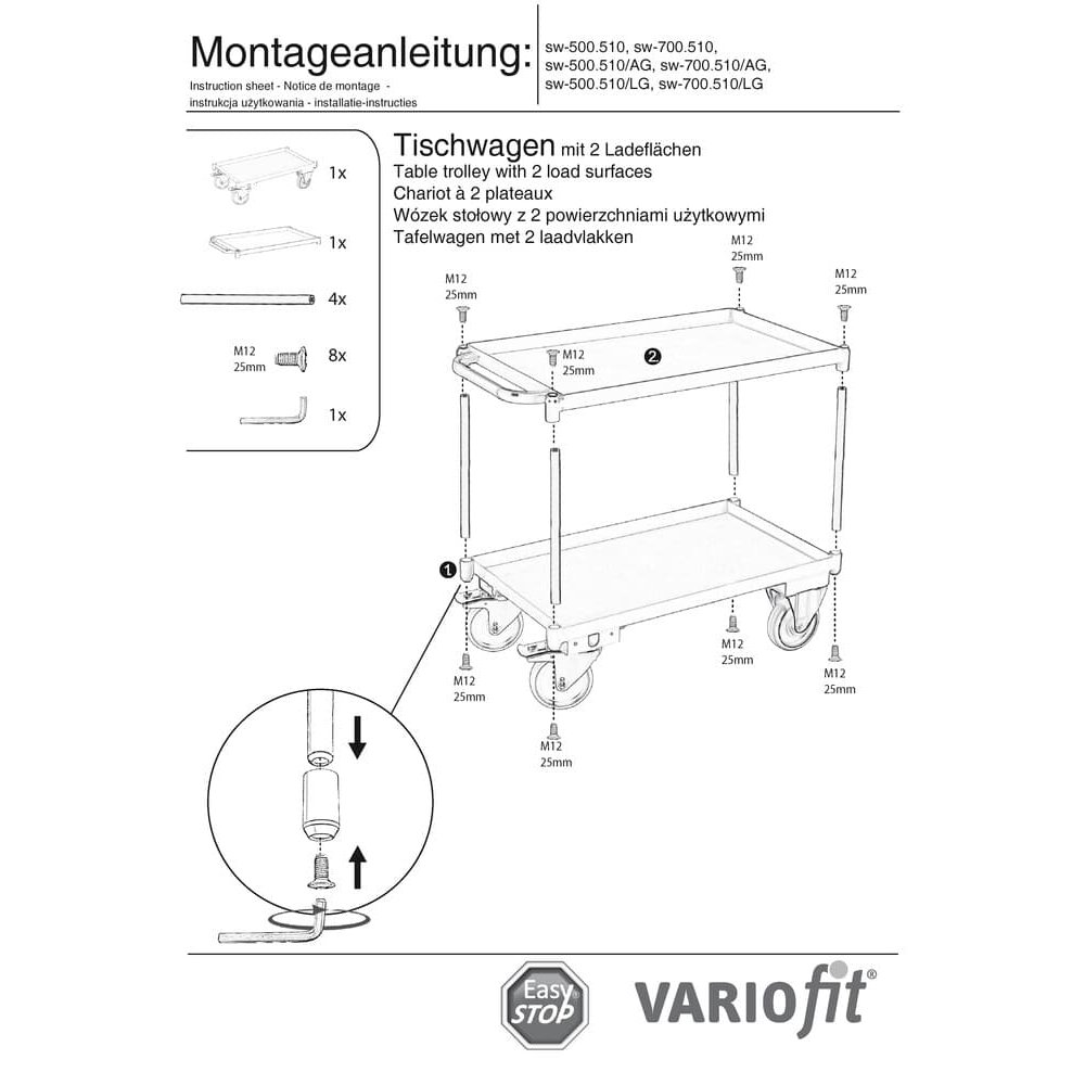 Grande carrello con 2 ripiani, bordo vasca alto 40 mm + EasySTOP-1