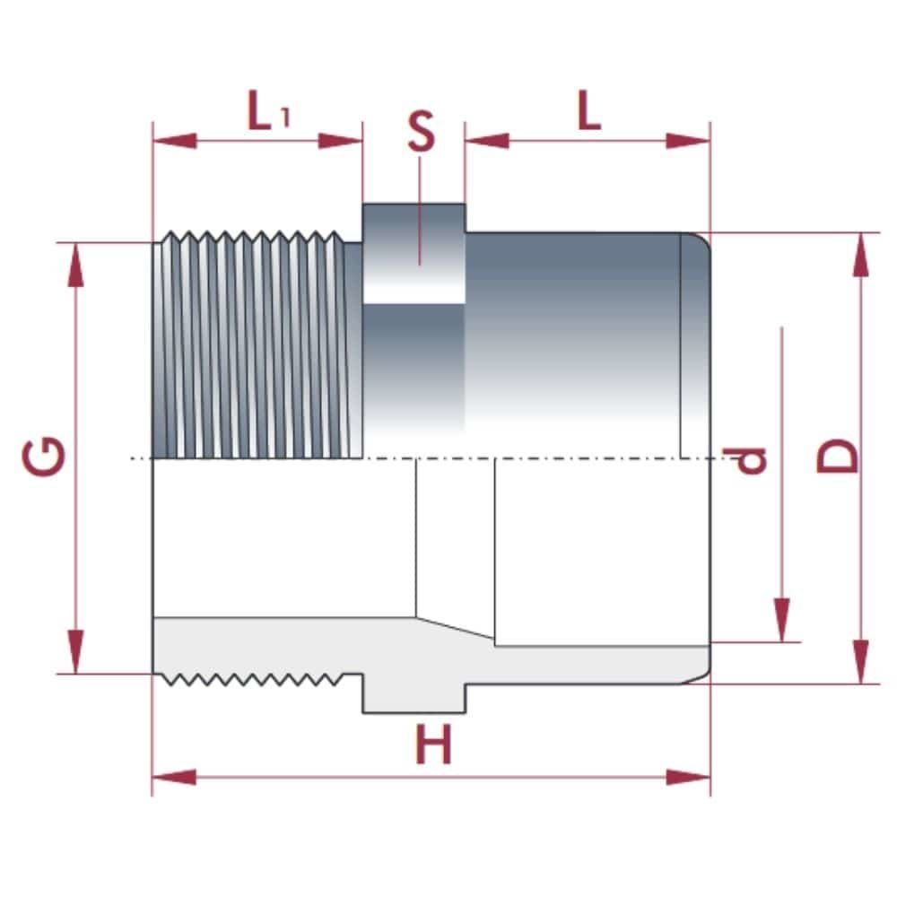 PVC-U Raccordo Manicotto x AG 32-25mm x 3/4" PN10-0