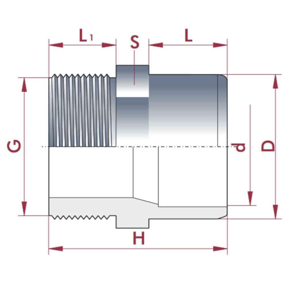 PVC-U Raccordo Manicotto x AG 50-40mm x 1 1/2" PN10-0