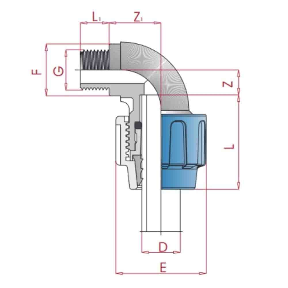 PP PE raccordo tubo 90° angolo 16 x 1/2" AG-0